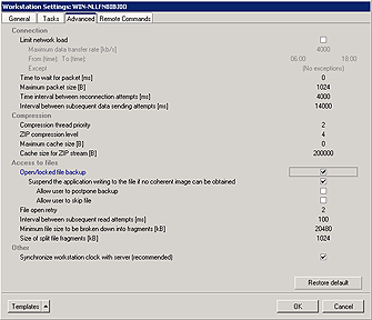 Fig. 1.5 Ferro Backup System&trade; - data backup system. FBS Server - Backup - Workstation Settings window/Advanced