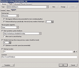Fig. 1.4 Ferro Backup System&trade; - data backup system. FBS Server - Backup - Workstation Settings window/General