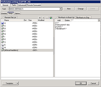 Fig. 1.4 Ferro Backup System&trade; - data backup system. FBS Server - Backup - Workstation Settings window/Files