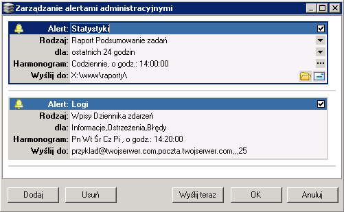 Rys. 7.2 FBS Server - Ustawienia - Alerty administracyjne
