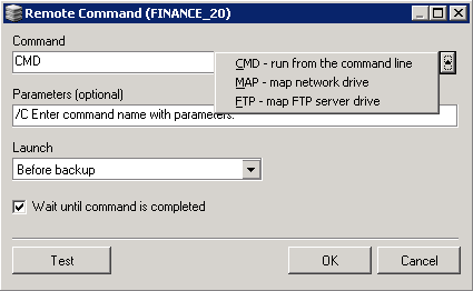 Fig. 1.5 Ferro Backup System&trade; - data backup system. FBS Server - Backup - Workstation Settings window/Remote commands - edit