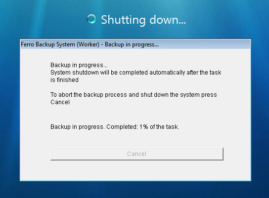 FBS Worker – the information window displayed during system shutdown