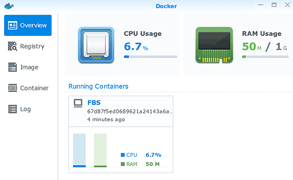 Ferro Backup System container launched on NAS Synology server