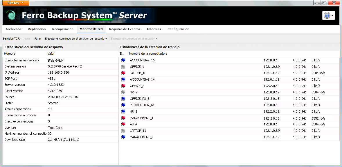 Dibujo 4.1 Ferro Backup System™ - sistema de archivado de datos. FBS Server - Monitor de red