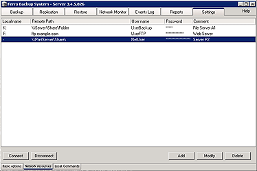 Fig. 7.5 Ferro Backup System&trade; - data backup system. FBS Server - Network resources