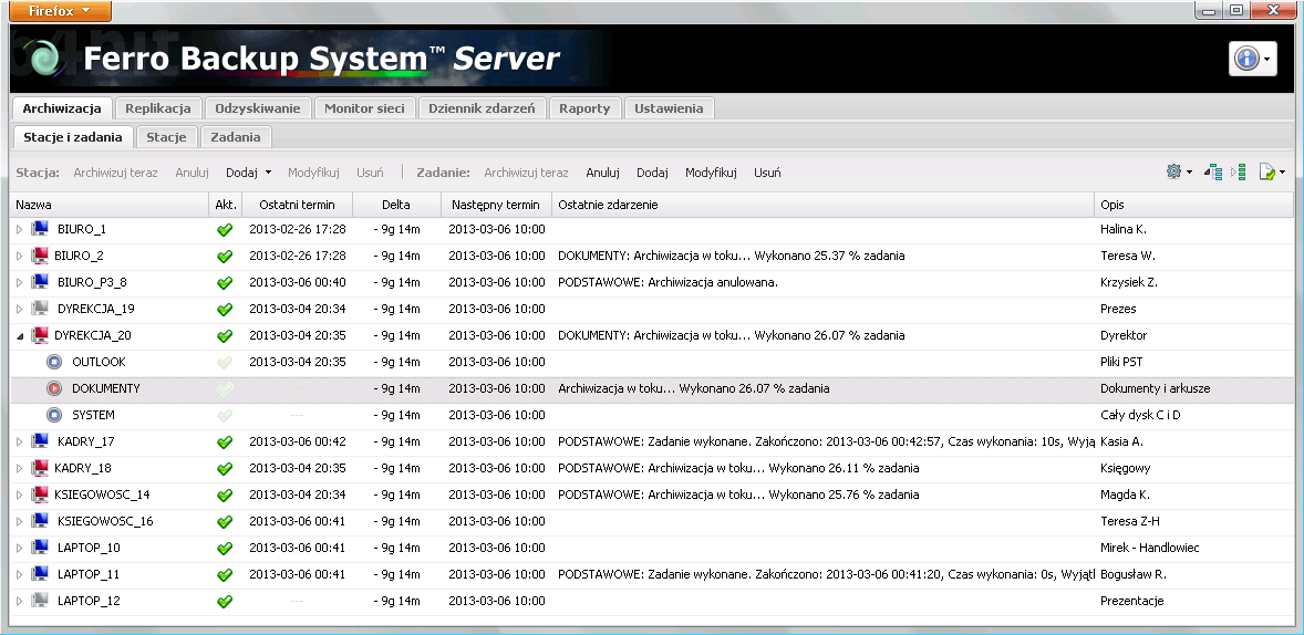 Główna zakładka programu - Backup/Archiwizacja