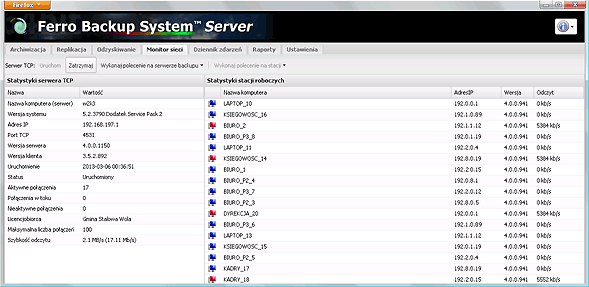 Rys. 4.1 Ferro Backup System™ - system archiwizacji danych. FBS Server - Monitor sieci