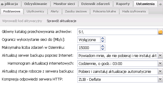 Rys. 7.1 FBS Server - Ustawienia podstawowe serwera backupu