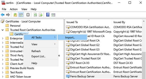 Importación del certificado SSL